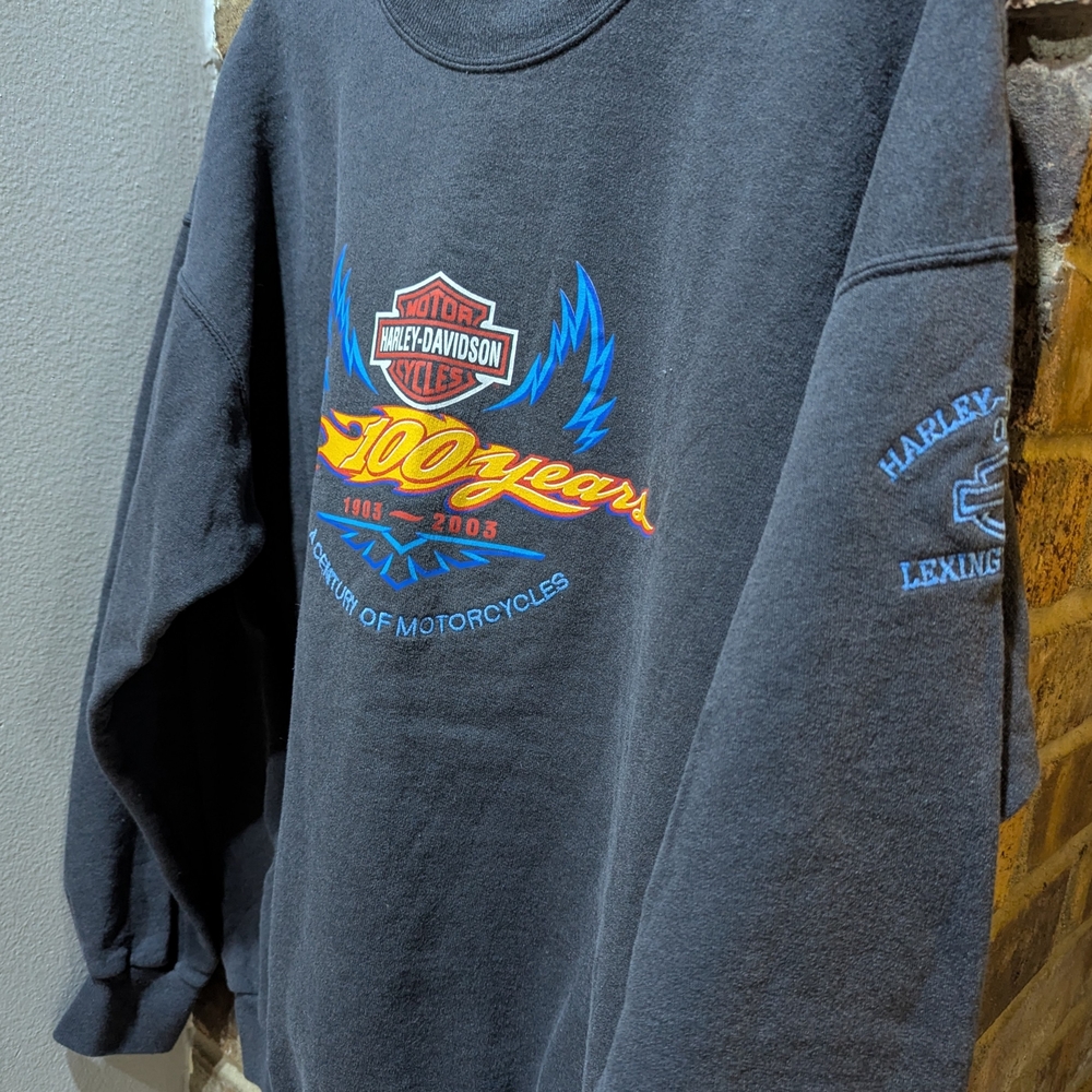 Harley-Davidson Gray Crewneck with Blue and Yellow 100 Years Graphic 1903-2003